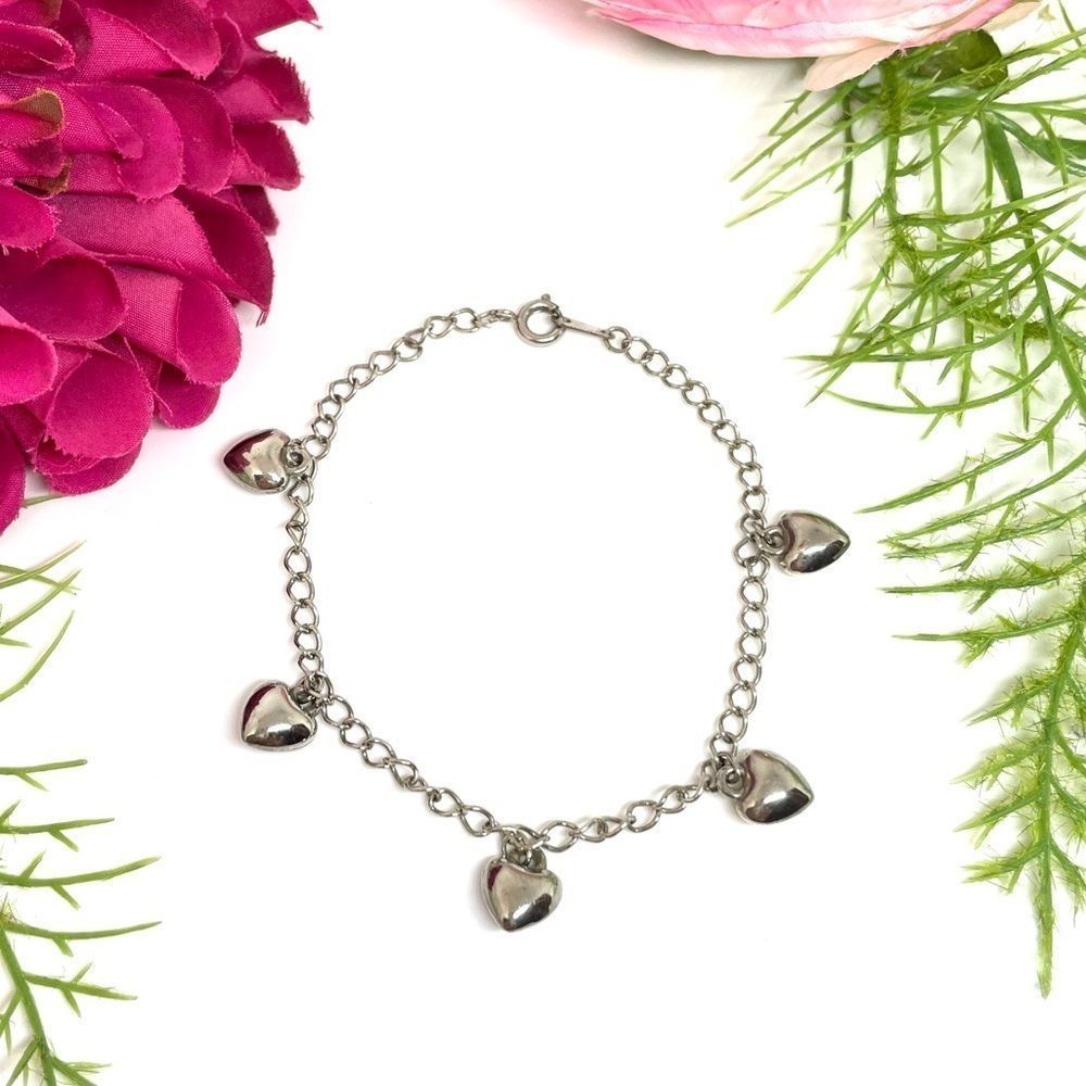 VINTAGE⚜️Dangling Heart Charm Silver-Tone Bracelet